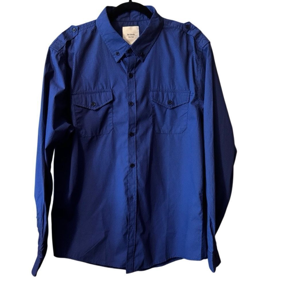 Six Lincoln- Men’s Blue‎ Patterned Long Sleeve Button Up Pockets 100% Cotton, XL